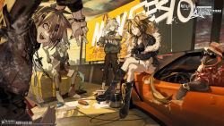 Rule 34 | 1boy, 3girls, :d, alternate hair length, alternate hairstyle, ambience synesthesia, animal ears, arknights, arm up, artist request, bare shoulders, bird, black footwear, black jacket, black nails, black pants, blonde hair, blue hair, boots, car, commentary request, dark skin, earrings, ethan (arknights), fedora, fur-trimmed jacket, fur trim, grey eyes, grey footwear, grey hair, hair ornament, hairclip, hand up, hat, high heel boots, high heels, highres, hoop earrings, indra (arknights), jacket, jewelry, lappland (arknights), long sleeves, motor vehicle, multiple girls, nail polish, necklace, off shoulder, official art, open mouth, pants, penguin, shoes, short hair, short sleeves, siege (arknights), sitting, smile, sneakers, sunglasses, tail, thighs, third-party source, tiger ears, tiger tail, watch, wolf ears, wristwatch