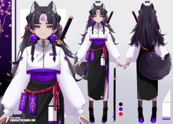 Rule 34 | animal ear fluff, black footwear, black skirt, boots, braid, character name, character sheet, cherry blossoms, commentary, english commentary, eyeshadow, facial mark, forehead mark, frown, fuumeh, highres, indie virtual youtuber, long hair, long skirt, makeup, mole, mole under eye, nail polish, noi (vtuber), open hands, purple nails, red eyeshadow, side braid, skirt, sword, tail, virtual youtuber, weapon, weapon on back, yellow eyes