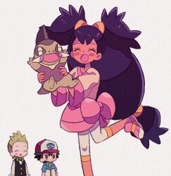 Rule 34 | 1girl, 2boys, ash ketchum, axew, baseball cap, black hair, black vest, blue jacket, blush stickers, bow, bowtie, brown eyes, chibi, chibi inset, cilan (pokemon), closed eyes, commentary, creatures (company), dark-skinned female, dark skin, dress shirt, expressionless, eyelashes, game freak, gen 5 pokemon, green bow, green hair, grey background, hair bow, hair tie, happy, hat, highres, iris (pokemon), jacket, leg up, leggings, long hair, mgomurainu, multicolored clothes, multicolored headwear, multiple boys, nintendo, no mouth, open mouth, pink bow, pink footwear, pink skirt, pokemon, pokemon (anime), pokemon (creature), pokemon bw (anime), purple hair, shirt, short hair, short sleeves, simple background, skirt, spiked hair, standing, symbol-only commentary, twintails, upper body, very long hair, vest, white leggings, white shirt, yellow bow