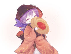 Rule 34 | 1girl, biyon, black hat, bowl, bowl hat, closed eyes, commentary, cookie, eating, food, food on face, hat, holding, holding food, japanese clothes, kimono, long sleeves, obi, purple hair, red kimono, sash, short hair, solo, sparkle, sukuna shinmyoumaru, thumbprint cookie, touhou, twitter username, upper body, wide sleeves