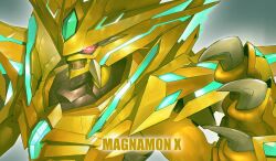 Rule 34 | alternate form, armor, bly mead, character name, chest jewel, colored skin, digimon, digimon (creature), fewer digits, forehead jewel, gold armor, gold helmet, highres, looking at viewer, magnamon x-antibody, orange skin, red eyes, shoulder armor, solo, upper body