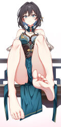 Rule 34 | 1girl, absurdres, aqua dress, aqua eyes, bare legs, bare shoulders, barefoot, bead necklace, beads, bencao gangmu (anquan sy), black hair, blush, breasts, brooch, chinese clothes, cleavage, commentary request, covered navel, dress, feet, gradient background, hair between eyes, highres, honkai: star rail, honkai (series), jewelry, knees up, looking at viewer, medium breasts, medium hair, necklace, pelvic curtain, ruan mei (honkai: star rail), short sleeves, sitting, soles, solo, thighs, toes, white background