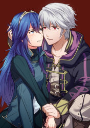 Rule 34 | 1boy, 1girl, ameno (a meno0), bad id, bad twitter id, black cloak, blue eyes, blue hair, blush, cloak, collarbone, commentary request, eye contact, fire emblem, fire emblem awakening, fire emblem heroes, grima (fire emblem), hair between eyes, hair ornament, hand on another&#039;s head, holding, holding another&#039;s arm, hood, hood down, hooded cloak, long hair, looking at another, lucina (fire emblem), nintendo, open clothes, open mouth, red background, red eyes, robin (fire emblem), robin (male) (fire emblem), short hair, simple background, sweatdrop, teeth, tiara, white hair