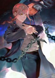 Rule 34 | 1girl, absurdres, black jacket, black necktie, black pants, braid, braided ponytail, brown hair, business suit, chain, chainsaw, chainsaw man, collared shirt, formal, hand gesture, high-waist pants, highres, jacket, kyuuba melo, light smile, long hair, looking to the side, makima (chainsaw man), necktie, pants, ringed eyes, shirt, shirt tucked in, smile, solo, suit, weapon, white shirt, yellow eyes