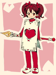 Rule 34 | 1girl, alternate costume, bodysuit, bow, brown hair, card, covered navel, hair bow, heart, heart necklace, holding, holding behind back, jewelry, looking at viewer, navel, necklace, om (nk2007), playing card, red eyes, saru getchu, sayaka (saru getchu), smile, solo, staff, twintails
