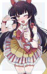 Rule 34 | 1girl, absurdres, black hair, blunt bangs, blush, bow, commentary request, cosplay, dress, frilled dress, frills, hair spread out, hands up, highres, holding, holding microphone, idol, idolmaster, idolmaster shiny colors, long hair, looking at viewer, mayuzumi fuyuko, meiji (meizi493), microphone, musical note, nervous, nervous smile, one eye closed, pretty series, pripara, red bow, red wrist cuffs, simple background, sleeveless, sleeveless dress, smile, striped clothes, striped dress, teeth, trembling, two side up, upper teeth only, v, v over eye, very long hair, white background, white dress, wrist cuffs, yellow eyes