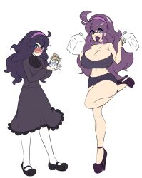 Rule 34 | 1girl, @ @, before and after, bimbofication, breast expansion, breasts, creatures (company), game freak, goth fashion, hex maniac (pokemon), high heels, highres, large breasts, lipstick, makeup, milk, nintendo, pantyhose, pokemon, pokemon xy, purple hair, sealguy, translation request