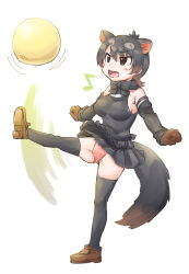 Rule 34 | 1girl, ball, black hair, bow, bowtie, breasts, detached sleeves, groin tendon, highres, kemono friends, kicking, large breasts, leg up, loafers, mikan toshi, musical note, panties, pantyshot, sharp teeth, shoes, short hair, smile, solo, standing, standing on one leg, tasmanian devil (kemono friends), tasmanian devil ears, tasmanian devil tail, teeth, thighhighs, underwear, upskirt
