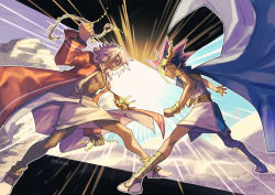 Rule 34 | 2boys, armlet, atem, black hair, blonde hair, bracelet, cape, coat, commentary request, dark-skinned male, dark skin, egyptian, eye contact, fushitasu, holding, jewelry, legs apart, long sleeves, looking at another, male focus, multicolored hair, multiple boys, open clothes, open coat, purple cape, shoes, spiked hair, standing, white footwear, white hair, yami bakura, yu-gi-oh!, yu-gi-oh! duel monsters