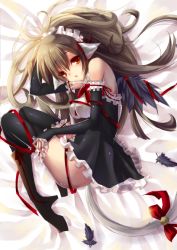 Rule 34 | 1girl, :o, animal ears, ayakichi, bare shoulders, bed sheet, black hair, black thighhighs, black wings, boots, bow, breasts, cat ears, cat girl, cat tail, detached sleeves, dress, feathers, female focus, frills, full body, long hair, looking at viewer, lying, maid, maid headdress, on side, original, red eyes, ribbon, solo, tail, tail bow, tail ornament, thigh boots, thighhighs, wings