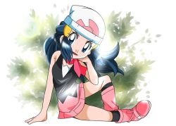 Rule 34 | 1girl, blue eyes, blue hair, boots, breasts, creatures (company), curvy, dawn (pokemon), female focus, game freak, hainchu, looking at viewer, nintendo, pokemon, pokemon (anime), pokemon dppt (anime), sitting, skirt, small breasts, solo