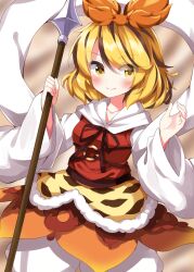 Rule 34 | 1girl, animal print, bishamonten&#039;s spear, black hair, blonde hair, blush, closed mouth, dress, hagoromo, highres, holding, holding polearm, holding weapon, long sleeves, looking at viewer, multicolored hair, polearm, red dress, ruu (tksymkw), shawl, short hair, smile, solo, spear, tiger print, toramaru shou, touhou, two-tone hair, weapon, wide sleeves, yellow eyes