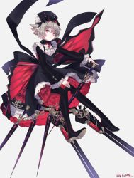 Rule 34 | 1girl, absurdres, dated, dress, expressionless, fantasy, flat chest, floating object, floating weapon, frilled dress, frilled sleeves, frills, full body, grey background, grey hair, gun, hair ornament, headband, high heels, highres, looking at viewer, macchoko, original, red eyes, ribbon, rifle, short hair, signature, solo, sword, weapon