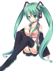 Rule 34 | 1girl, aqua eyes, aqua hair, bad id, bad pixiv id, black thighhighs, blush, boots, breasts, hatsune miku, headphones, headset, highres, large breasts, long hair, nipples, no bra, nude, open clothes, ririko (zhuoyandesailaer), simple background, sitting, skirt, solo, thigh boots, thighhighs, twintails, very long hair, vocaloid, white background, zettai ryouiki