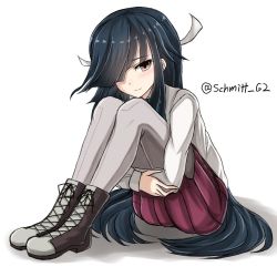 Rule 34 | 10s, 1girl, ankle boots, black hair, boots, brown eyes, cross-laced footwear, full body, grey pantyhose, hair over one eye, hair ribbon, hayashimo (kancolle), hugging own legs, kantai collection, knees up, lace-up boots, long hair, looking at viewer, pantyhose, pleated skirt, purple skirt, ribbon, school uniform, simple background, sitting, skirt, smile, solo, twitter username, white background, yakob labo