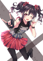 Rule 34 | 1girl, babymetal, black hair, black thighhighs, commentary request, double m/, fingerless gloves, gloves, highres, love live!, love live! school idol project, m/, nanami (nnsk nnm), nico nico nii, red eyes, single glove, solo, sparkle, thighhighs, twintails, yazawa nico