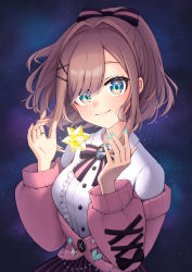 Rule 34 | 1girl, absurdres, aqua eyes, aqua nails, bow, bowtie, breasts, brooch, brown hair, cardigan, center frills, commentary request, frills, hair bow, hair ornament, highres, jewelry, long sleeves, looking at viewer, nail polish, nijisanji, pink cardigan, pink nails, ponytail, regimiruku, ring, shirt, skirt, solo, suzuhara lulu, suzuhara lulu (1st costume), upper body, virtual youtuber, white shirt, x hair ornament