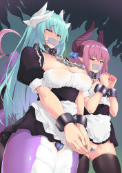 Rule 34 | 2girls, alternate costume, apron, aqua hair, asymmetrical horns, bdsm, black collar, black dress, blush, bound, bound ankles, bound arms, breasts, broken, broken chain, cameltoe, chain, cleavage, collar, commentary request, cowboy shot, curled horns, dragon girl, dragon horns, dragon tail, dress, elizabeth bathory (fate), elizabeth bathory (fate/extra ccc), enmaided, fate/extra, fate/extra ccc, fate/grand order, fate (series), frilled apron, frills, gag, grey background, groin, hair between eyes, heart pasties, highres, horns, improvised gag, kirisaki byakko, kiyohime (fate), lamia, large breasts, maebari, maid, maid apron, monster girl, multiple girls, multiple horns, pasties, pink hair, puffy short sleeves, puffy sleeves, pussy juice, scales, short sleeves, sidelocks, signature, skindentation, standing, tail, tape, tape gag, thighhighs, two-tone background, uneven horns, waist apron, white apron, yellow eyes