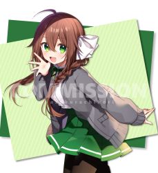Rule 34 | 1girl, :d, ahoge, black pantyhose, bow, braid, brown hair, cardigan, collared shirt, commission, diagonal stripes, dress shirt, green background, green eyes, green skirt, grey cardigan, hair between eyes, hair bow, hair over shoulder, hand up, hazakura chikori, highres, long hair, long sleeves, looking at viewer, open cardigan, open clothes, open mouth, original, pantyhose, pleated skirt, school uniform, shirt, skeb commission, skirt, sleeves past wrists, smile, solo, striped, striped background, twin braids, virtual youtuber, watermark, white background, white bow, white shirt