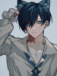 Rule 34 | 1boy, animal ears, arm up, blue background, blue eyes, blue hair, blue lock, cat boy, cat ears, closed mouth, collarbone, fang, highres, itoshi rin, jewelry, long sleeves, looking at viewer, male focus, na su, shirt, short hair, skin fang, solo, v-shaped eyebrows, white shirt