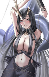 Rule 34 | 1girl, absurdres, antlers, arms up, azur lane, black eyes, black hair, breast curtains, breasts, buko (bukosuki), chain, cowboy shot, golden hind (azur lane), highres, horns, large breasts, long hair, looking at viewer, mole, mole under mouth, reindeer antlers, simple background, solo, tentacles, very long hair, white background