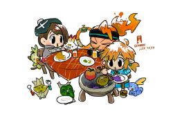 Rule 34 | 1boy, 2girls, apple, cardigan, chibi, company connection, cooking, creatures (company), crossover, curry, curry rice, eating, fiery hair, food, fork, fruit, game freak, gen 8 pokemon, gloria (pokemon), grey cardigan, grookey, gw000n, hat, headband, korok, link, multiple girls, mushroom, nintendo, plate, pointy ears, pokemon, pokemon (creature), pokemon swsh, ponytail, pot, protagonist (ring fit adventure), rice, ring (ring fit adventure), ring fit adventure, ring fit trainee, scorbunny, simple background, sobble, spoon, starter pokemon trio, table, tam o&#039; shanter, the legend of zelda, the legend of zelda: breath of the wild