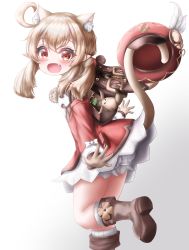Rule 34 | 1girl, :d, absurdres, ahoge, animal ears, ass, backpack, bag, bag charm, bloomers, boots, brown eyes, brown footwear, brown gloves, brown scarf, cat ears, cat tail, charm (object), clover print, coat, commentary request, dodoco (genshin impact), fang, genshin impact, gloves, gradient background, hair between eyes, hat, hat feather, hat ornament, highres, kemonomimi mode, klee (genshin impact), kuma piv, leaning forward, light brown hair, long hair, long sleeves, looking at viewer, looking to the side, low twintails, no headwear, open mouth, outstretched arms, pocket, pointy ears, randoseru, red coat, red hat, scarf, sidelocks, simple background, smile, solo, spread arms, standing, standing on one leg, tail, thigh boots, thighhighs, twintails, underwear, unworn hat, unworn headwear, white background