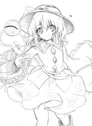Rule 34 | 1girl, bright pupils, closed mouth, commentary, efukei, floral print, greyscale, hat, hat ribbon, heart, highres, komeiji koishi, long sleeves, looking at viewer, medium hair, monochrome, ribbon, rose print, shirt, simple background, sketch, skirt, smile, solo, third eye, touhou, wide sleeves
