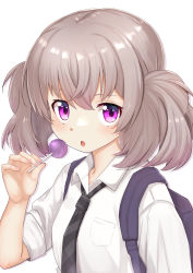 Rule 34 | 1girl, absurdres, ao (flowerclasse), backpack, bag, blush, breasts, brown hair, candy, collared shirt, commentary request, diagonal-striped clothes, diagonal-striped necktie, diagonal-striped neckwear, food, hair between eyes, hand up, highres, holding, holding candy, holding food, holding lollipop, lollipop, looking at viewer, necktie, purple eyes, shirt, short sleeves, simple background, slow loop, small breasts, solo, striped clothes, striped necktie, striped neckwear, twintails, upper body, white background, white shirt, yoshinaga koi