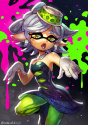 Rule 34 | + +, 1girl, bare shoulders, black dress, boots, breasts, chromatic aberration, cleavage, detached collar, dress, earrings, gloves, green pantyhose, hair rings, highres, hotaruika niji, inkling, jewelry, leg up, marie (splatoon), mole, mole under eye, nintendo, object on head, open mouth, paint splatter, pantyhose, pointy ears, short hair, silver hair, solo, splatoon (series), splatoon 1, strapless, strapless dress, symbol-shaped pupils, teeth, tentacle hair, twitter username, white gloves, yellow eyes