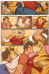 Rule 34 | 2boys, 4koma, animal ears, bara, blowing, blowing candle, blush, cake, comic, denim, food, furry, furry male, furry with non-furry, happy, happy birthday, highres, huge eyebrows, interspecies, jeans, kiss, large pectorals, leaning forward, male focus, morenatsu, multiple boys, muscular, muscular male, nipple slip, nipples, nyuudles, pants, pectoral cleavage, pectorals, red tank top, sequential, short hair, sideburns, sidepec, surprise kiss, surprised, tank top, thick eyebrows, tiger boy, tiger ears, torahiko oshima, yaoi, yellow fur