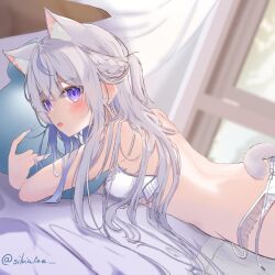 Rule 34 | 1girl, animal ear fluff, animal ears, back, bra, braid, cat ears, cat girl, cat tail, cropped, crown braid, extra ears, grey hair, hair between eyes, holding, holding pillow, hosimiyavia, long hair, looking to the side, lying, nail polish, on bed, on stomach, open mouth, original, panties, pillow, purple eyes, sweat, tail, underwear, window