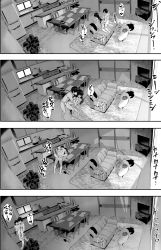 Rule 34 | 1boy, 1girl, ass, black hair, blush, book, botan mochito, bra, breasts, cabinet, carpet, carrying, chain, clothes, comic, couch, crotch rub, cup, greyscale, highres, indoors, large breasts, leg lock, long hair, monochrome, open mouth, original, penis, plant, potted plant, refrigerator, sex, speech bubble, sweat, table, television, underwear, unworn bra