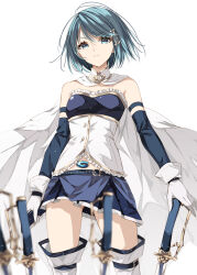Rule 34 | &gt;:(, 1girl, absurdres, bare shoulders, belt, blue belt, blue eyes, blue hair, blue shirt, blue skirt, blurry, breasts, buttons, cape, closed mouth, detached sleeves, diamond button, fortissimo, frills, gloves, gluteal fold, hair between eyes, hair ornament, highres, holding, holding sword, holding weapon, legwear garter, long sleeves, looking at viewer, magical girl, mahou shoujo madoka magica, mahou shoujo madoka magica (anime), mandarin collar, medium breasts, midriff peek, miki sayaka, miniskirt, misteor, musical note, musical note hair ornament, navel, pleated skirt, shirt, short hair, simple background, skirt, solo, standing, strapless, strapless shirt, sword, thigh strap, thighhighs, v-shaped eyebrows, weapon, white background, white cape, white gloves, white thighhighs, zettai ryouiki