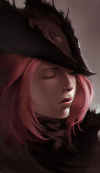 Rule 34 | 1girl, bloodborne, closed eyes, commentary request, eyebrows, eyelashes, face, hat, hunter (bloodborne), phamoz, pink hair, pink lips, realistic, shiny skin, solo