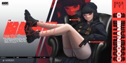 Rule 34 | 1girl, alpha 90nist, artist name, black coat, black footwear, black gloves, black hair, black shirt, blunt bangs, boots, cameltoe, character name, coat, copyright name, couch, d (nikke), gloves, goddess of victory: nikke, grey shorts, gun, high-waist shorts, highres, holding, holding gun, holding weapon, hood, hood up, hooded coat, legs up, long coat, medium hair, red eyes, shirt, shorts, sitting, solo, tactical clothes, weapon, zoom layer