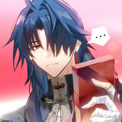 Rule 34 | ..., 1boy, absurdres, bandaged hand, bandages, blade (honkai: star rail), blue hair, chinese clothes, earrings, gift, gradient background, hair over one eye, highres, holding, holding gift, honkai: star rail, honkai (series), jewelry, long hair, looking at object, male focus, orange eyes, portrait, qing ning elsa, red background, solo, spoken ellipsis, white day