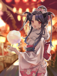 Rule 34 | 1girl, absurdres, amamiyayk, black hair, blue archive, blush, cotton candy, fang, flower, food, fur-trimmed kimono, fur trim, fuuka (blue archive), fuuka (new year) (blue archive), gradient kimono, hair flower, hair ornament, highres, holding, holding food, japanese clothes, kimono, long hair, long sleeves, obi, official alternate costume, open mouth, pink flower, red eyes, sash, smile, solo, wide sleeves