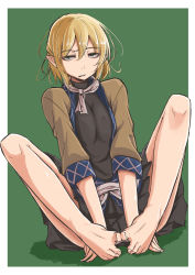Rule 34 | 1girl, arm support, baketsuya, barefoot, blonde hair, border, feet, feet together, female focus, frown, full body, green background, green eyes, half-closed eyes, highres, jitome, knees apart feet together, knees up, looking at viewer, mizuhashi parsee, parted lips, pointy ears, sash, scarf, simple background, sitting, skirt, solo, spread legs, spread toes, toes, touhou, white border