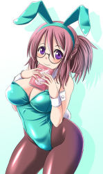 Rule 34 | 1girl, animal ears, aqua background, blush, book, breasts, brown hair, cleavage, curvy, detached collar, fake animal ears, glasses, gradient background, green background, huge breasts, leotard, looking at viewer, one side up, original, pantyhose, playboy bunny, purple eyes, rabbit ears, rabbit tail, shadow, short hair, side ponytail, smile, solo, tail, tonpuu, white background, wide hips, wrist cuffs