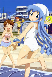 Rule 34 | 3girls, :d, :o, absurdres, aizawa eiko, alcohol, ass, bad feet, barefoot, beach, beer, blue eyes, blue hair, blush, brown hair, camera, casual, city, closed eyes, day, drink, feet, hairband, hat, highres, honda yoshino, ikamusume, long hair, looking back, multiple girls, nagatsuki sanae, non-web source, nyantype, ocean, official art, one-piece swimsuit, open mouth, outdoors, red hair, school swimsuit, shinryaku! ikamusume, short hair, shorts, sky, smile, soles, swimsuit, tentacles, toes, water, white one-piece swimsuit, white school swimsuit
