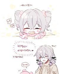 Rule 34 | 2girls, 6 (yuchae), ^ ^, alexandra pavlovna zaychik, baby, blush, bronya zaychik, closed eyes, commentary, drill hair, furrowed brow, grey hair, hair between eyes, heart, honkai (series), honkai impact 3rd, korean text, long sleeves, mother and daughter, multiple girls, open mouth, pink sweater, simple background, sweater, symbol-only commentary, translation request, turtleneck, turtleneck sweater, white background