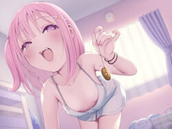 Rule 34 | 1girl, backlighting, bangle, bare shoulders, bent over, blush, bracelet, breasts, coin, coin on string, day, dress, hair ornament, hairclip, holed coin, indoors, jewelry, looking at viewer, medium hair, one side up, open mouth, original, pendulum, pink eyes, pink hair, pokachu, short dress, sleeveless, sleeveless dress, small breasts, smile, smug, solo, teeth, window