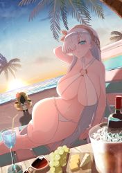 Rule 34 | 1girl, absurdres, akitokage, anastasia (fate), aqua eyes, arm behind head, backlighting, bare shoulders, beach, beach chair, bikini, blue sky, blush, bottle, breasts, cheese, cleavage, collarbone, criss-cross halter, cup, doll, drinking glass, drinking straw, fate/grand order, fate (series), food, fruit, gradient sky, grapes, hair over one eye, hairband, halterneck, highres, huge filesize, ice bucket, innertube, large breasts, lens flare, long hair, looking at viewer, navel, o-ring, ocean, orange sky, outdoors, palm tree, parted lips, silver hair, sky, smile, star (sky), starry sky, sunglasses, sunglasses removed, sunset, swim ring, swimsuit, thighs, tree, viy (fate), white bikini, wine bottle