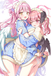 Rule 34 | 2girls, absurdres, alternate costume, apron, ass, backless outfit, bare shoulders, black wings, blue archive, blue shirt, blue skirt, breasts, clothes lift, crop top, feathered wings, frilled shirt, frills, hair bun, halo, highres, koharu (blue archive), large breasts, lifting another&#039;s clothes, lingerie, maid, maid apron, maid headdress, midriff, mika (blue archive), mikeneko mari, mini wings, miniskirt, multiple girls, navel, off shoulder, one eye closed, open mouth, orange eyes, panties, pink eyes, pink hair, revealing clothes, shirt, short sleeves, skirt, skirt lift, smile, stomach, thighs, underwear, waist apron, white panties, white wings, wings