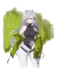 Rule 34 | 1girl, animal ears, asymmetrical clothes, asymmetrical pants, bare shoulders, black leotard, braid, breasts, clothes pull, commentary request, cowboy shot, fingerless gloves, girls&#039; frontline, gloves, green background, green eyes, green jacket, grey hair, highres, jacket, jacket pull, ksvk (girls&#039; frontline), large breasts, leotard, mechanical arms, pandea work, ribbed leotard, signature, single mechanical arm, solo, title, unfinished