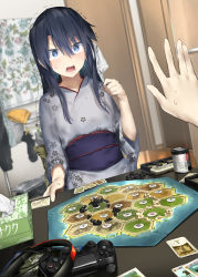 Rule 34 | 1boy, 1girl, anger vein, angry, araido kagiri, black hair, blue eyes, board game, can, controller, game controller, headphones, highres, indoors, japanese clothes, kimono, long hair, looking at viewer, obi, open mouth, original, playstation controller, pov, sash, settlers of catan, tissue, tissue box, trembling