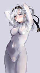 Rule 34 | 1girl, ahoge, anchor symbol, armpits, arms behind back, arms up, black hairband, black ribbon, blue eyes, blush, bodysuit, breasts, breasts apart, cameltoe, clothes writing, colored eyelashes, covered erect nipples, covered navel, cowboy shot, facing to the side, grey background, grey hair, hair between eyes, hair ribbon, hairband, highres, hip focus, kantai collection, legs together, long hair, looking down, medium breasts, one side up, open mouth, parted bangs, ribbon, simple background, skin tight, solo, standing, suzutsuki (kancolle), tsukineko, turtleneck, white bodysuit