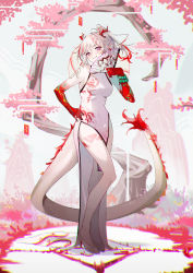 Rule 34 | 1girl, absurdres, arknights, arm tattoo, bare shoulders, bead bracelet, beads, blush, bracelet, breasts, cherry blossoms, china dress, chinese clothes, colored skin, dragon girl, dragon horns, dragon tail, dress, flame-tipped tail, folding fan, full body, grin, hand fan, hand on own hip, hand up, high heels, highres, horns, jewelry, krin (krinnin), leg tattoo, looking at viewer, multicolored hair, nian (arknights), nian (unfettered freedom) (arknights), official alternate costume, pelvic curtain, pink eyes, ponytail, red hair, red skin, sleeveless, sleeveless dress, small breasts, smile, solo, standing, streaked hair, tail, tattoo, white dress, white footwear, white hair