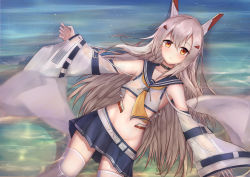 Rule 34 | 1girl, afloat, ascot, ayanami (azur lane), azur lane, belt, choker, collarbone, commentary request, detached sleeves, groin, hair down, hair ornament, hairclip, headgear, highres, kana (kuaua), long hair, looking at viewer, lying, midriff, navel, ocean, orange eyes, outstretched arms, parted lips, pleated skirt, retrofit (azur lane), school uniform, see-through silhouette, serafuku, silver hair, skirt, solo, spread arms, thighhighs, wet, wet clothes, white thighhighs, wide sleeves, zettai ryouiki